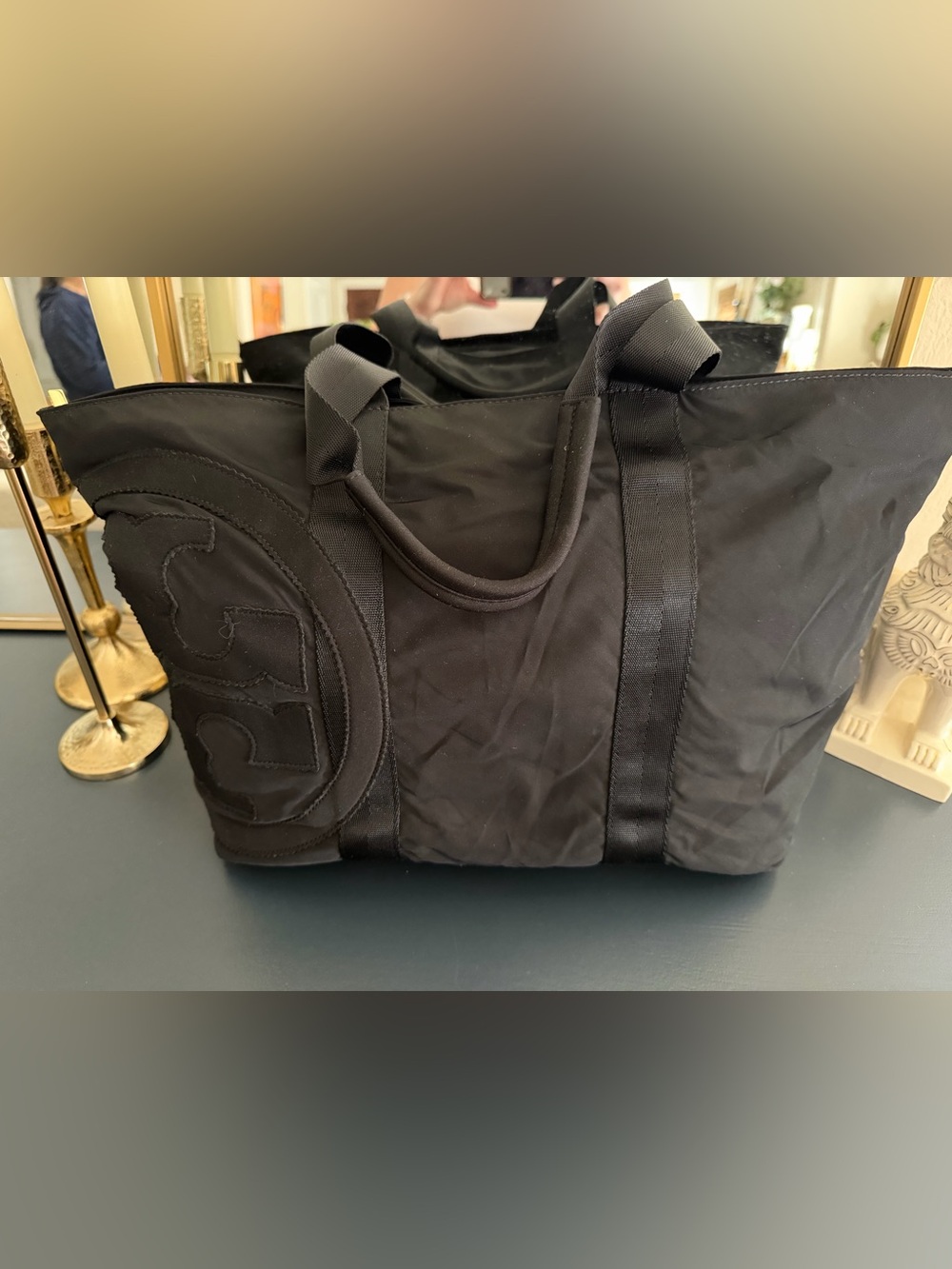 Black Tory Burch Tote Bag with Logo Embroidery